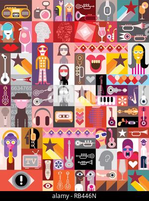 Vector pop-art collage di varie immagini con ritratti di persone. Arte grafica composizione di molte e diverse immagini. Carta da parati senza giunture. Illustrazione Vettoriale