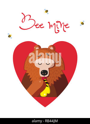 Bee Mine valentine greeting card di Cartoon carino orso carattere illustrativo di mangiare il miele all'interno del cuore rosso e le api intorno isolato su bianco backgr Foto Stock