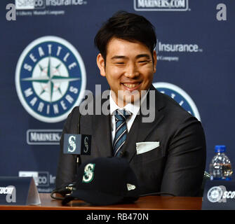 Recentemente firmato Seattle Mariners brocca Yusei Kikuchi assiste il suo introduttiva conferenza stampa a T-Mobile Park a Seattle, Washington, Stati Uniti, 3 gennaio 2019. Credito: AFLO/Alamy Live News Foto Stock