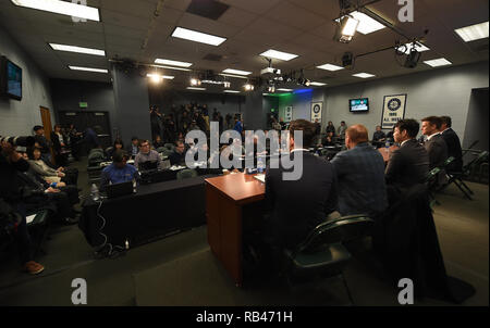 Recentemente firmato Seattle Mariners brocca Yusei Kikuchi assiste il suo introduttiva conferenza stampa a T-Mobile Park a Seattle, Washington, Stati Uniti, 3 gennaio 2019. Credito: AFLO/Alamy Live News Foto Stock