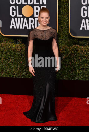 LOS ANGELES, CA. Gennaio 06, 2019: Jessica Chastain al 2019 Golden Globe Awards presso il Beverly Hilton Hotel. Immagine: Paul Smith/Featureflash Foto Stock