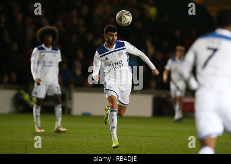 Newport, Regno Unito. 06 gen 2019. Rachid Ghezzal di Leicester City credito: in azione.La Emirates FA Cup, terzo round match, Newport County v Leicester City a Rodney Parade di Newport South Wales domenica 6 gennaio 2019. Questa immagine può essere utilizzata solo per scopi editoriali. Solo uso editoriale, è richiesta una licenza per uso commerciale. Nessun uso in scommesse, giochi o un singolo giocatore/club/league pubblicazioni. pic da Andrew Orchard/Andrew Orchard fotografia sportiva/Alamy Live News Foto Stock