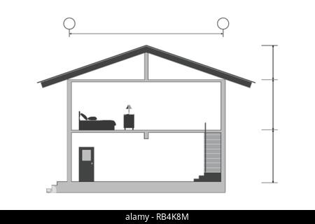 Sezione trasversale della silhouette casa moderno edificio con sbozzato all'interno della camera, illustrazione vettoriale Illustrazione Vettoriale