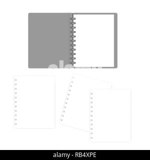 Lettera aperta di dimensione legata a disco portatile con carica bianca fogli di carta, mock-up. Ricaricabili Discbound nota vuota prenota, mockup Illustrazione Vettoriale