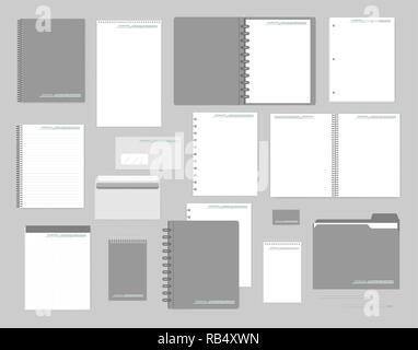 Articoli di cancelleria mockup impostata per la corporate identity design. Notebook, carta, cartella, Busta, business card. Mock-up Illustrazione Vettoriale