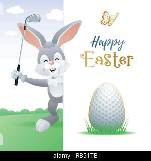 Felice Pasqua. Sport biglietto di auguri. Simpatico coniglio con uovo di Golf e Golf di ferro. Illustrazione Vettoriale. Illustrazione Vettoriale