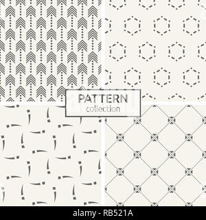 Set di quattro modelli senza giunture. Geometrica astratta alla moda sfondi del vettore. Moderno ed elegante texture di rombi, triangoli, elementi ritorti. Illustrazione Vettoriale
