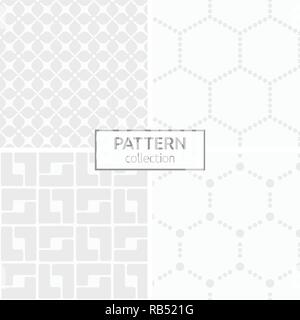 Set di quattro geometrici astratti modelli senza giunture. Elegante e moderno con gli sfondi. Bianco e grigio texture geometrica. Punteggiato da esagoni, fiori stilizzati. Illustrazione Vettoriale