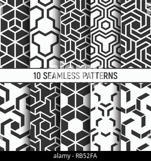 Set di dieci modelli senza giunture. Geometrico astratto vettore alla moda gli sfondi monocromi. Texture esagonale. Elementi di Chevron, elegante tassellabile a stampa. Illustrazione Vettoriale