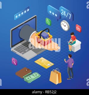Internet Shopping Pagamenti Online concetto isometrica Illustrazione Vettoriale