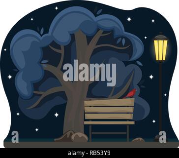 La molla del paesaggio. Vicolo del parco con un banco a notte. Cielo stellato. Appartamento in stile cartone animato. Illustrazione Vettoriale