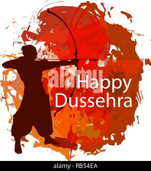 Felice celebrazione Dussehra card per il festival indiano. Oro Signore Rama tenendo mirare con arco e frecce, uccidendo Ravana. Disegnata a mano illustrazione vettoriale. Illustrazione Vettoriale