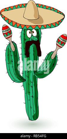 Cactus in un sombrero con le maracas. Tradizioni messicane. Illustrazione Vettoriale Illustrazione Vettoriale
