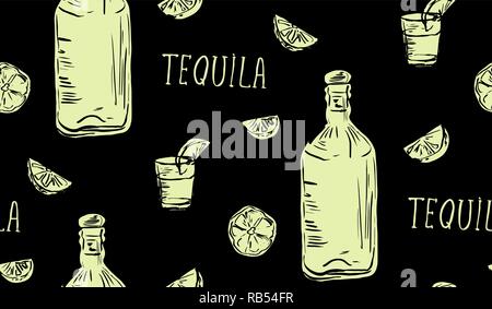 Modello senza giunture di disegnati a mano, bottiglia di vetro, fette di limone e le lettere. Sfondo messicano con tequila e limone. Illustrazione Vettoriale Illustrazione Vettoriale