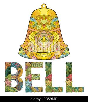 Parola campana con silhouette di uccello. Vettore oggetto zentangle per decorazione Illustrazione Vettoriale