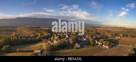 Panoramica aerea della Svizzera villaggio vinicolo di Dardagny nel Cantone di Ginevra con i suoi vigneti e le montagne del Giura in background Foto Stock