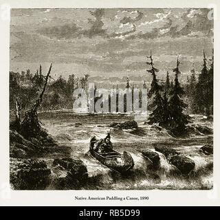 Native American Paddling una canoa incisione Vittoriano, 1890 Foto Stock