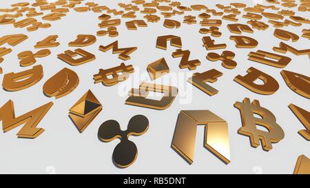 Oro Cryptocurrency simboli, rendering Foto Stock