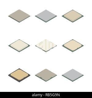 Serie di processori di forme differenti isolati su sfondo bianco. Elementi di progettazione di componenti elettronici. Appartamento 3D isometrica stile, illustra il vettore Illustrazione Vettoriale