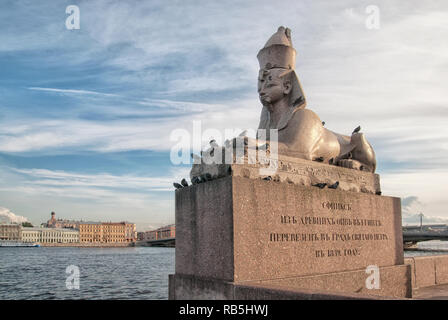 San Pietroburgo. La Russia. Antico egiziano sphinx con la faccia del faraone Amenhotep III sul terrapieno Universitetskaya Foto Stock