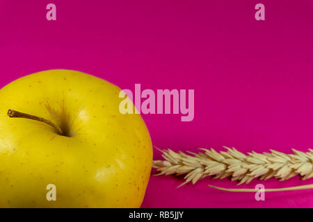 Apple giallo e orecchio di segala frumento su una rosa caldo dello sfondo. Colore tendenze di 2019 concetto con spazio di copia Foto Stock