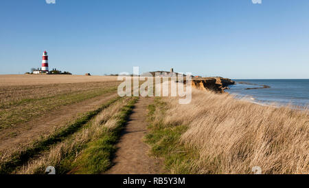 Erodendo in cima alla scogliera a percorso Happisburgh, Norfolk, Inghilterra, Regno Unito Foto Stock
