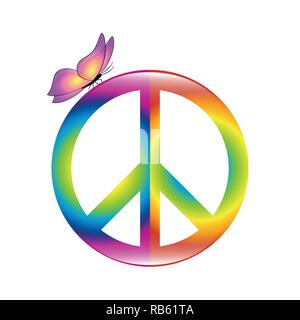 Pace simbolo colorato nei colori dell'arcobaleno con farfalla illustrazione vettoriale EPS10 Illustrazione Vettoriale