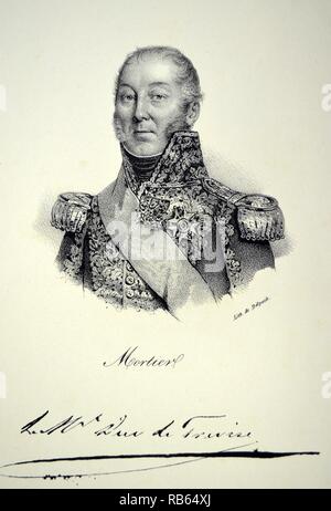 Edouard Adolphe Cosimir Joseph Mortier, 1° Duc de Trevise (1758-1835) soldato francese. Il maresciallo di Francia sotto Napoleone I. quindicesimo Primo Ministro di Francia 1834-1835 sotto il re Louis Philippe I. litografia, Parigi, c1840. Foto Stock