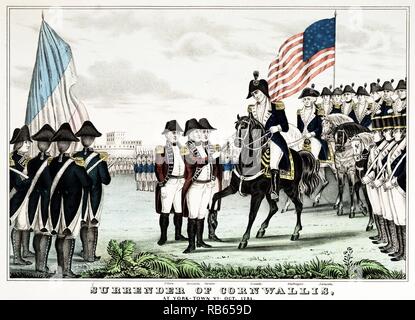 La rinuncia del generale Cornwallis; a York-Town Virginia; Stati Uniti d'America nel 1781. Creatore N. Currier c1846. Stampa mostra il maggiore generale O'Hara; circondato da francesi e soldati americani di consegnare la sua spada nella resa in generale di Lincoln. Foto Stock