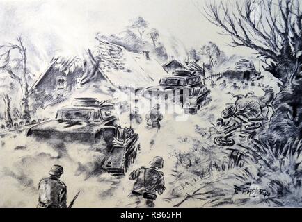 Il tedesco Seconda guerra mondiale Cartolina che mostra un attacco di carri armati tedeschi e truppe in Russia Foto Stock