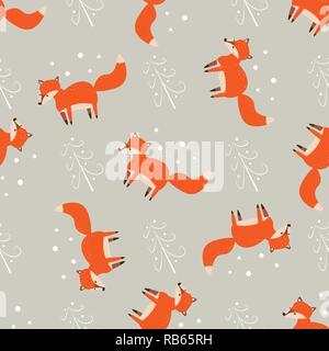 Cartoon fun stampa. carino seamless pattern con piccole volpi fox con albero 10 eps Illustrazione Vettoriale