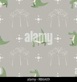 Modello senza giunture funny cartoon coccodrillo palme sulla natura Illustrazione Vettoriale