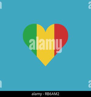 Mali bandiera icona a forma di cuore, in design piatto. Giorno di indipendenza o giornata nazionale il concetto di vacanza. Illustrazione Vettoriale