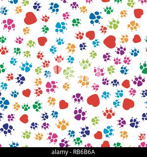 Vettore cane seamless pattern. colorato footprint del cane e cuore rosso simboli su sfondo bianco Illustrazione Vettoriale