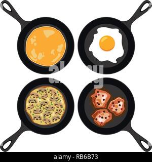 Vector set di pentole con pancake, Uovo fritto, frittata con funghi e carne fritta. raccolta di prima colazione e cena e supper icone piatta isolati su wh Illustrazione Vettoriale