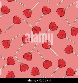 Vettore sfondo senza giunture con red lollipop caramelle in forma di cuori su sfondo rosa. amore romantico o il giorno di san valentino pattern senza giunture Illustrazione Vettoriale