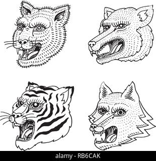 Testa di animale selvatico predatore. Puma Wolf Fox faccia Tiger. Stile giapponese ritratti. Disegnato a mano monocromatico inciso vecchio bozzetto per i logo retrò. Close up. Illustrazione Vettoriale