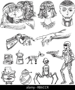 Set di intelligenza artificiale concetto. Evoluzione dei robot e la mano toccare. Donna e uomo kiss. Replicant o Android. Disegnata a mano la tecnologia del futuro. Vintage inciso schizzo in bianco e nero. Illustrazione Vettoriale