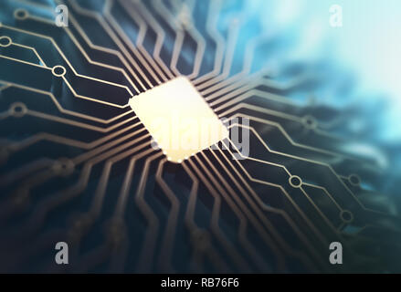 Microchip con connessioni di oro in profondità di campo. Concetto di tecnologia, circuito stampato elettronico. 3D'illustrazione. Foto Stock