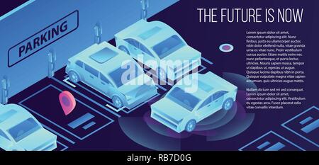 Il futuro parcheggio smart banner, stile isometrico Illustrazione Vettoriale