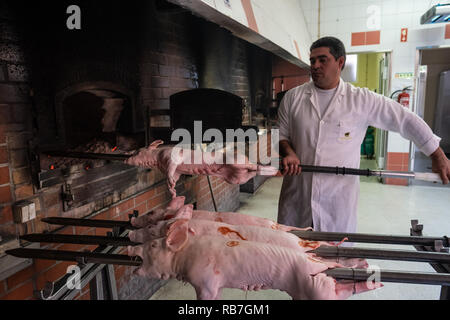 L'uomo inserendo un maialino in forno per la tostatura in Portoghese tradizionale regione di Bairrada, Mealhada, Portogallo Foto Stock