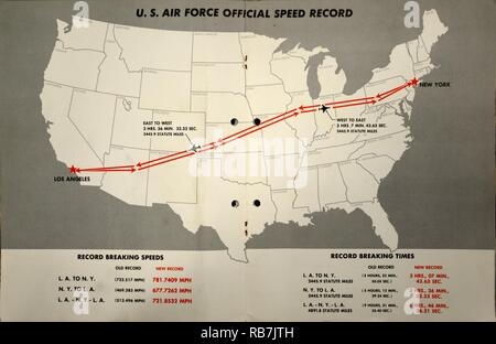 Una mappa del percorso attraversato dal funzionamento Sun eseguire i piloti il nov. 27, 1957. I piloti coperto più di 2.500 miglia nel loro tentativo di impostare tre ufficiali i record di velocità, in volo da Los Angeles, California, New York, N.Y. Foto Stock