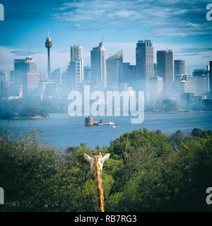 Sorprendente skyline di Sydney con la giraffa dallo zoo Foto Stock