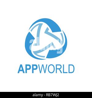 Ruotare astratta app world Media globe modello logo illustrazione vettoriale. Colore blu Illustrazione Vettoriale
