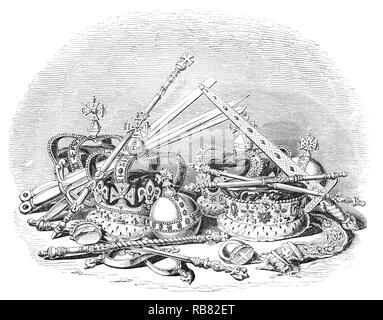 I gioielli della Corona di Inghilterra nel tardo XVII secolo, 140 Royal oggetti cerimoniali conservati nella Torre di Londra, che includono la regalia e paramenti indossati dal British re e regine a loro incoronazioni. Simboli della monarchia, l incoronazione regalia è il solo lavorando insieme in funzione Europeand stemmi araldici e gli emblemi nazionali di Inghilterra, Scozia, Galles e Irlanda del Nord, e pezzi di recente sono state progettate per riflettere la Monarch nel ruolo di Capo del Commonwealth. Foto Stock