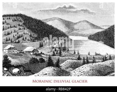 Vintage di incisione diluvial moreniche del ghiacciaio, dove il materiale viene trasportato e depositato sul fondo valle con la recessione e l'avanzamento del ghiacciaio Foto Stock