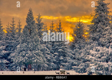 Maestoso tramonto in inverno le montagne paesaggio. Immagine hdr Foto Stock