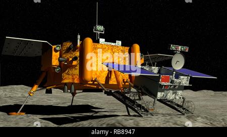 Yutu 2 rover lunari discendente della Cina Chang e4 sonda lunare sbarcati sulla superficie della luna il 3 gennaio 2019 con Sun in background. Foto Stock