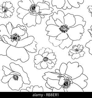 Sfondo senza giunture, fiore di papavero contorno, contorni nero su bianco Illustrazione Vettoriale