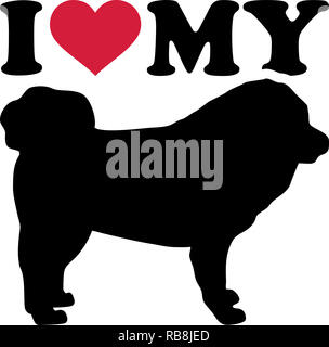 Io amo il mio Mastino tibetano cane con cuore rosso e silhouette Foto Stock
